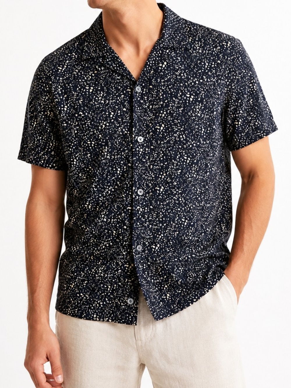 Abercrombie & Fitch Linen Blend Navy Abstract Button-Up Shirt Men's L